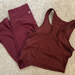 Lululemon maroon ebb to street cropped racerback tank top and align leggings set